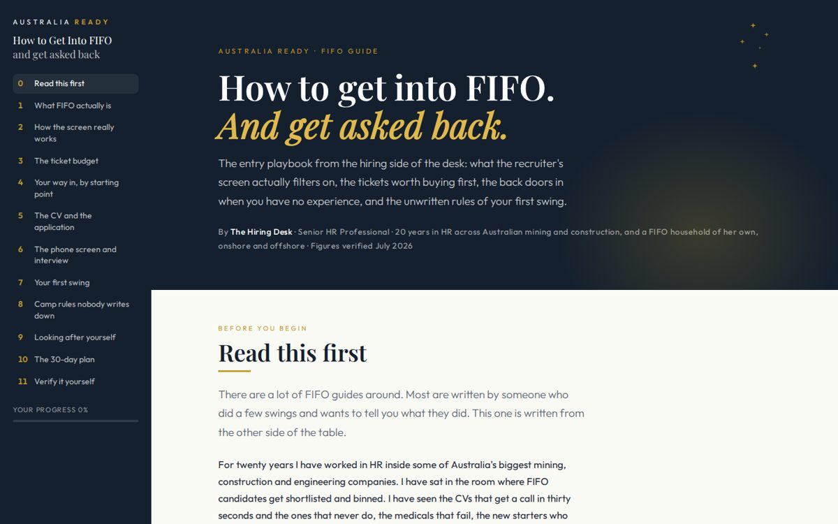 The FIFO guide open in a browser, showing the cover and chapter list